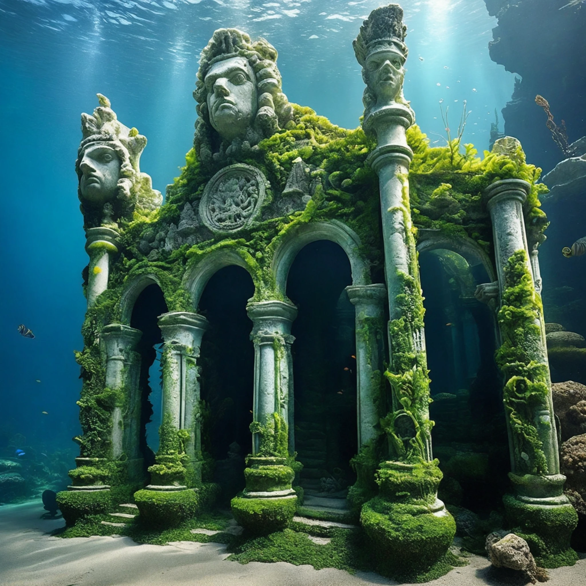 FRESHIDEAS Underwater Palace,Sunken Ruins Palace: An ancient,partially crumbled palace overgrown with seaweed and barnacles. Giant stone statues of mythical sea creatures stand guard,their features worn by centuries underwater. Flickering bioluminescent algae provide the only light in this mysterious,forgotten place,