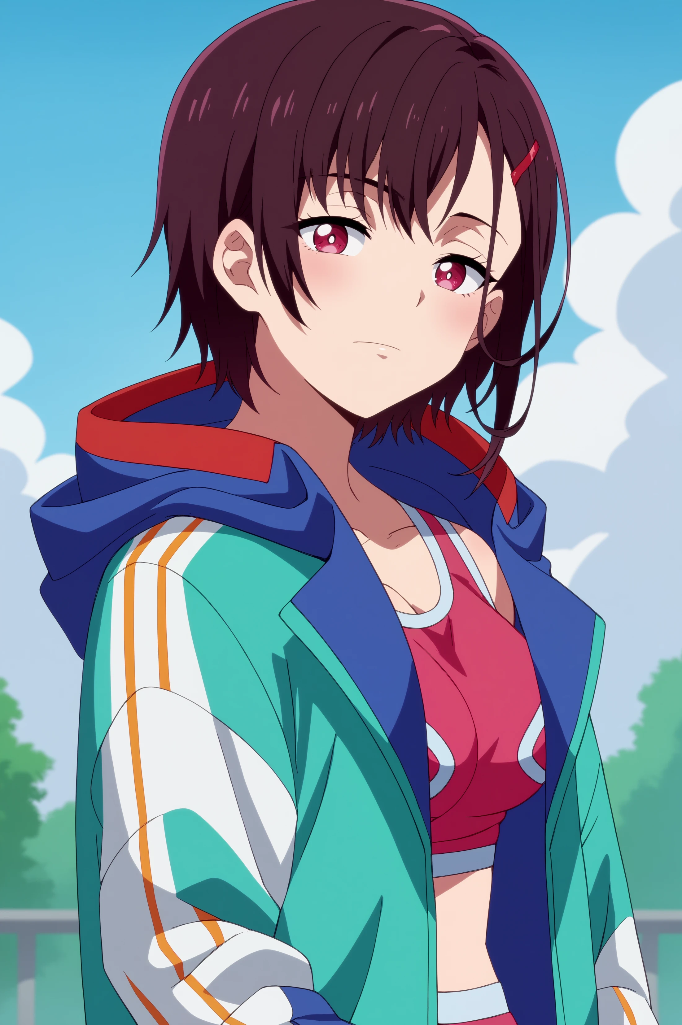 "score_9, score_8_up, score_7_up, score_6_up, score_5_up, score_4_up, source_anime, BREAK,shizuka mikazuki,mature,1girl,looking at viewer, jacket, hood up,outdoors,sky,anime screencap,anime coloring,upper body only, emotionless, looking at viewers,<lora:Shizuka Mikazuki - Zombie 100_epoch_1.safetensors:0.8>