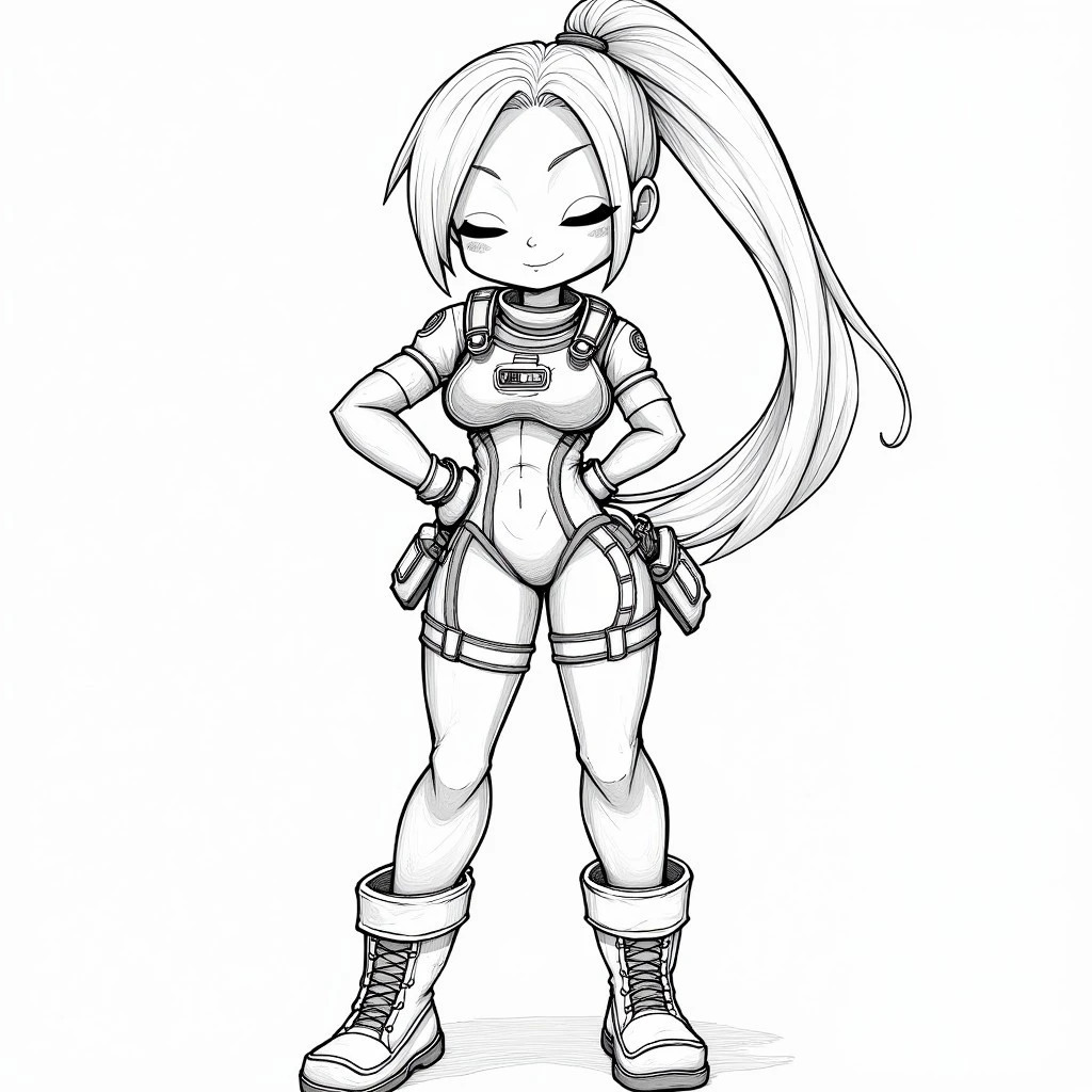 pencileg, 21 years old, kawaii girl, long hair, ponytail, confident expression, petite, perfect face, detailed face, detailed body, spacesuit, latex clothing, tight clothing, boots, medium perky breasts, medium breasts, full body visible, eyes closed, unique perspective, spaceship, space, sci-fi, pouches