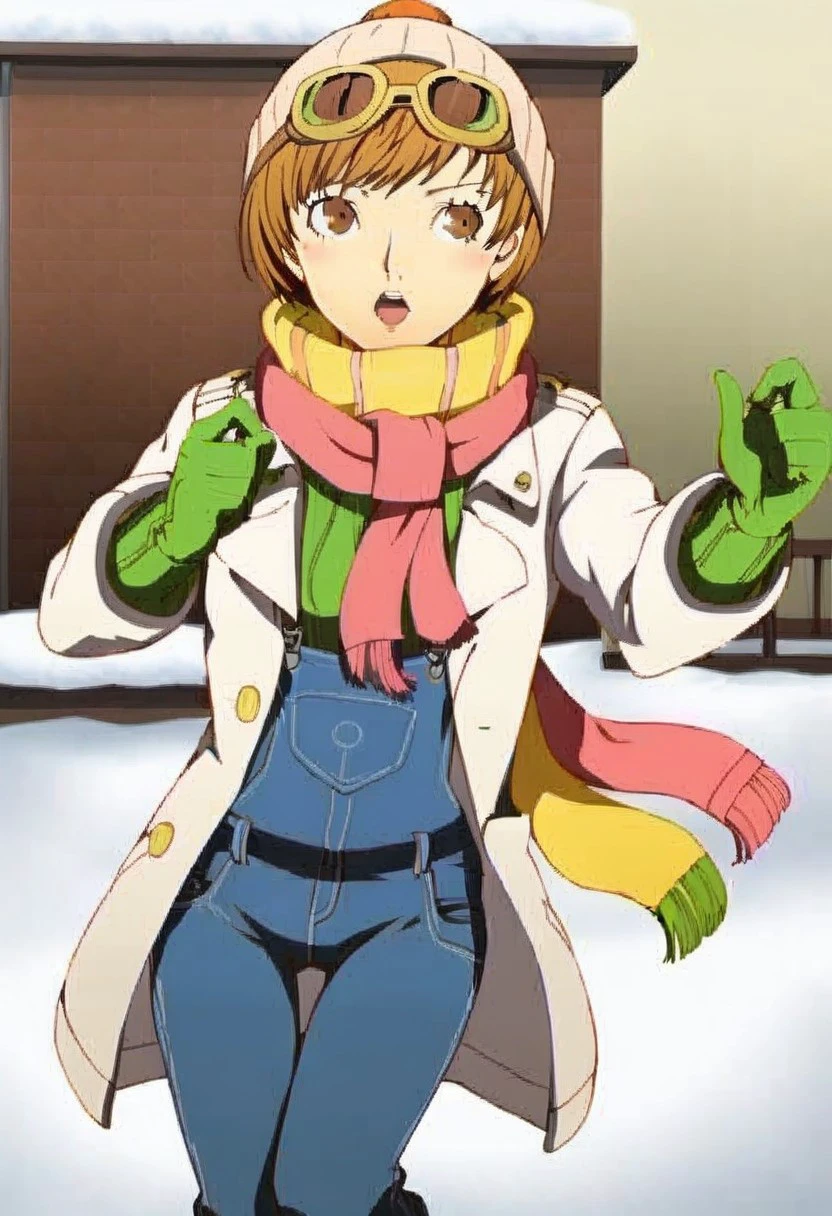 1girl, solo, brown hair, gloves, hat, brown eyes, white jacket, green sleeves, pants, pink scarf, coat, denim, goggles, goggles on head, white beanie, overalls, satonaka chie, persona 4, ski outfit, snow