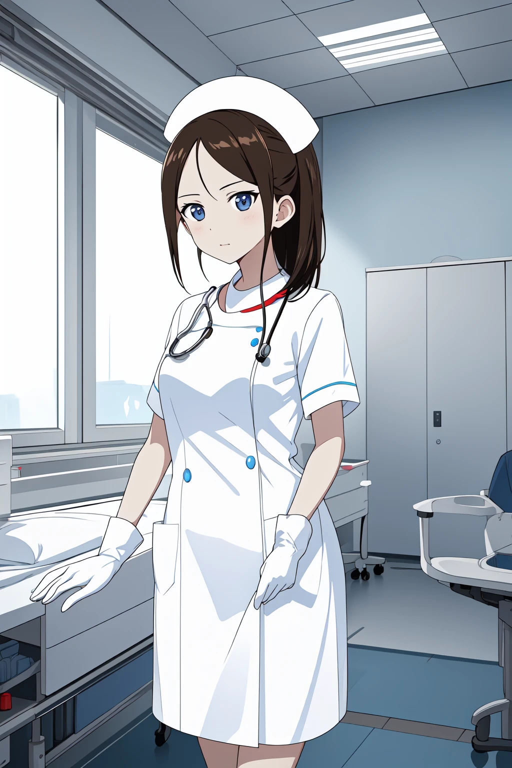 (RAW photo, best quality), wide angle photo, masterpiece, 1girl,  natural lighting
hospital, operating room, surgical gloves, 
(((White))) nurse uniform smooth, nurse, nurse hat, stethoscope  <lora:NurseUniform0_1:0.7>,
 <lora:girls_und_panzer_nonna_1_2:1> panzer_nonna