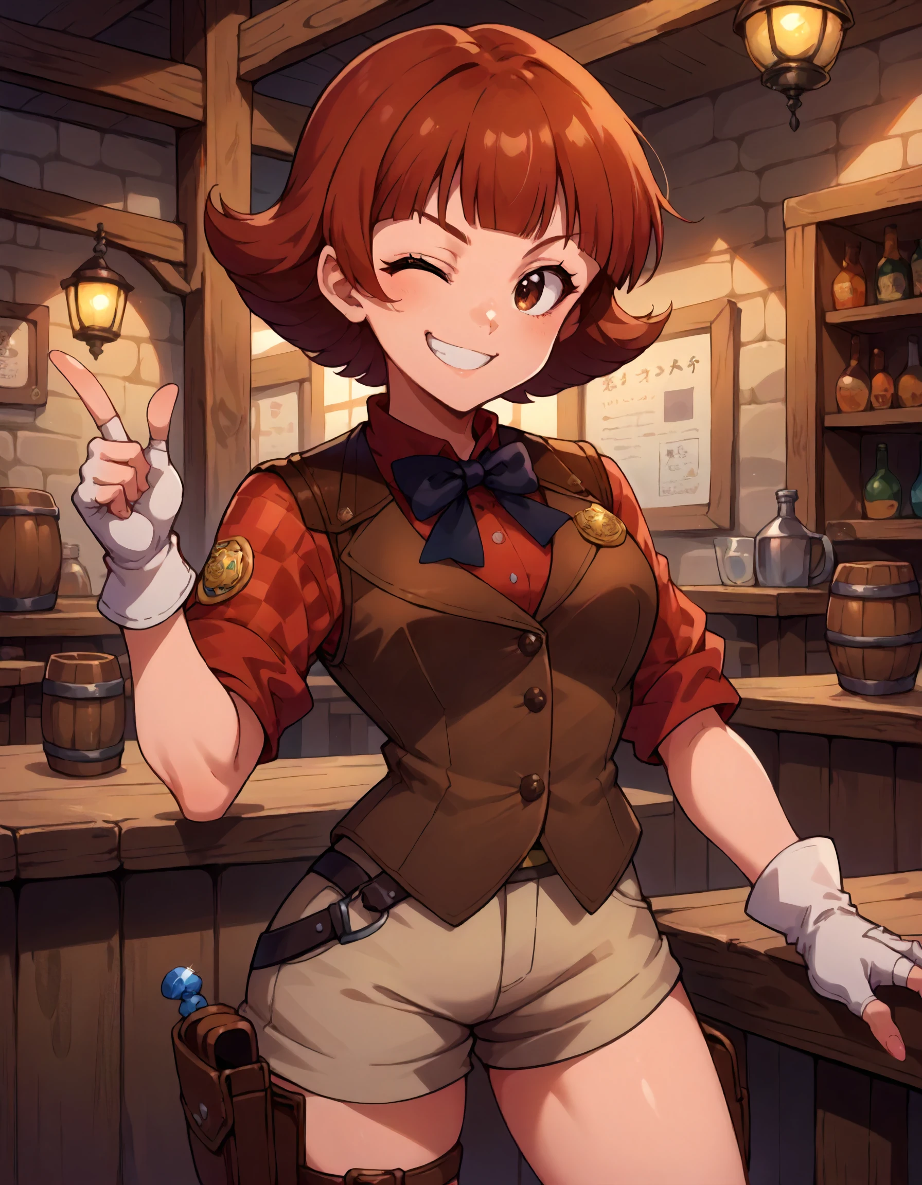 score_9,score_8_up,score_7_up,1girl,solo,standing,looking at viewer,smile,wink,tavern,
<lora:nonoharaakane_ponyXLV6:0.7>,mlna,red hair,short hair,blunt bangs,brown eyes,
brown leather vest,red checkered shirt,black bowtie,sheriff badge,brown short shorts,white fingerless gloves,holster