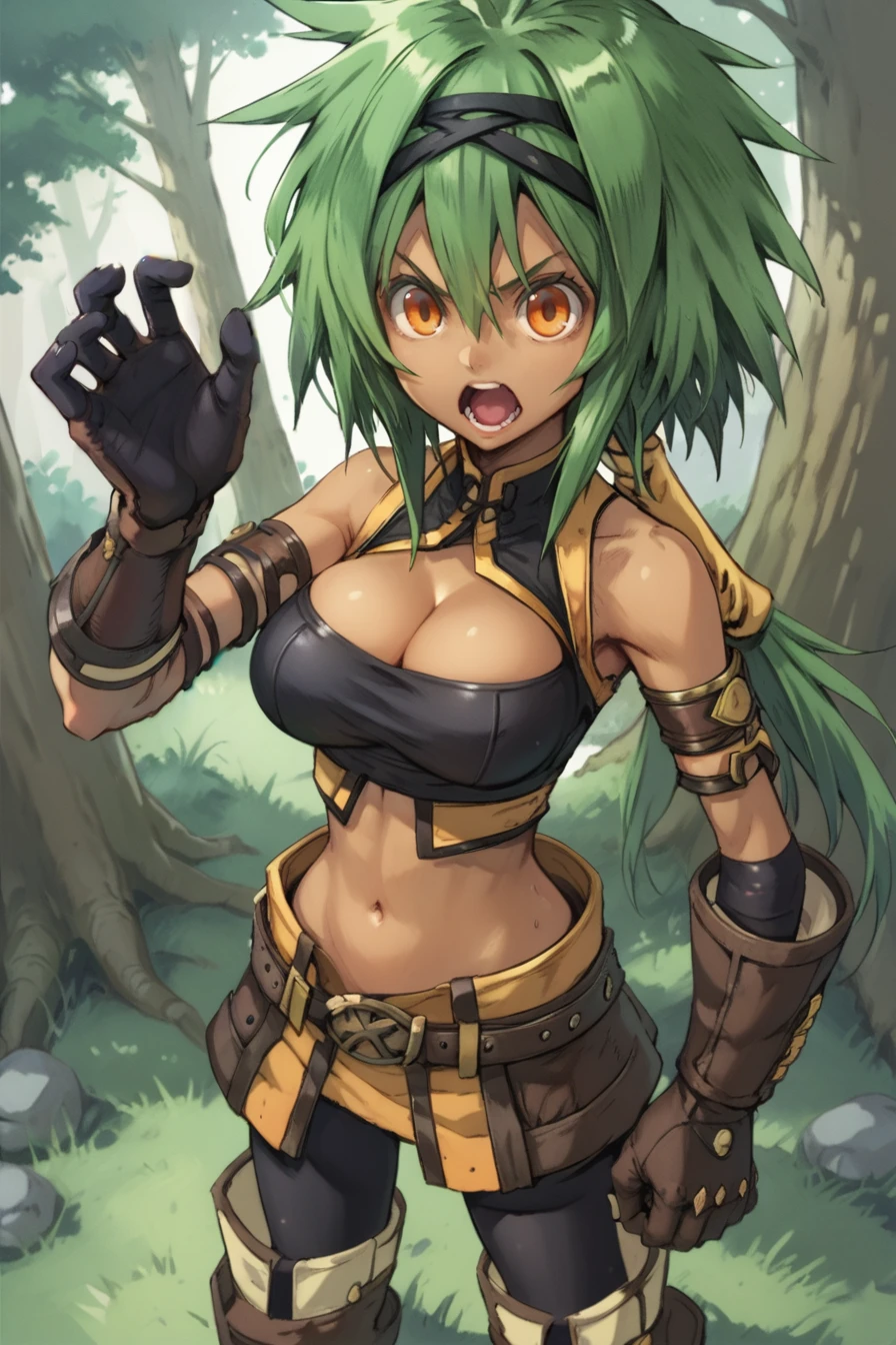 hand, (score_9, score_8_up, score_7_up, score_6_up), source anime, BREAK, <lora:Kylier:0.75> , kylierdef, 1girl, dark skin, green hair, low-tied long hair, long hair, orange eyes, bare shoulders, black tube top, midriff, black leggings, gloves, boots, large breasts, cleavage, looking at viewer, (solo), standing, tilted head, shouting, open mouth, cowboy shot, <lora:zy_Detailed_Backgrounds_v1:0.5> , detailed background, highly detailed, outdoors, forest, trees, wooden hollow, grass, <lora:1nuXLP:0.5> , 1nu, <lora:banpaiakiraXLP6lokrV4236:0.65>