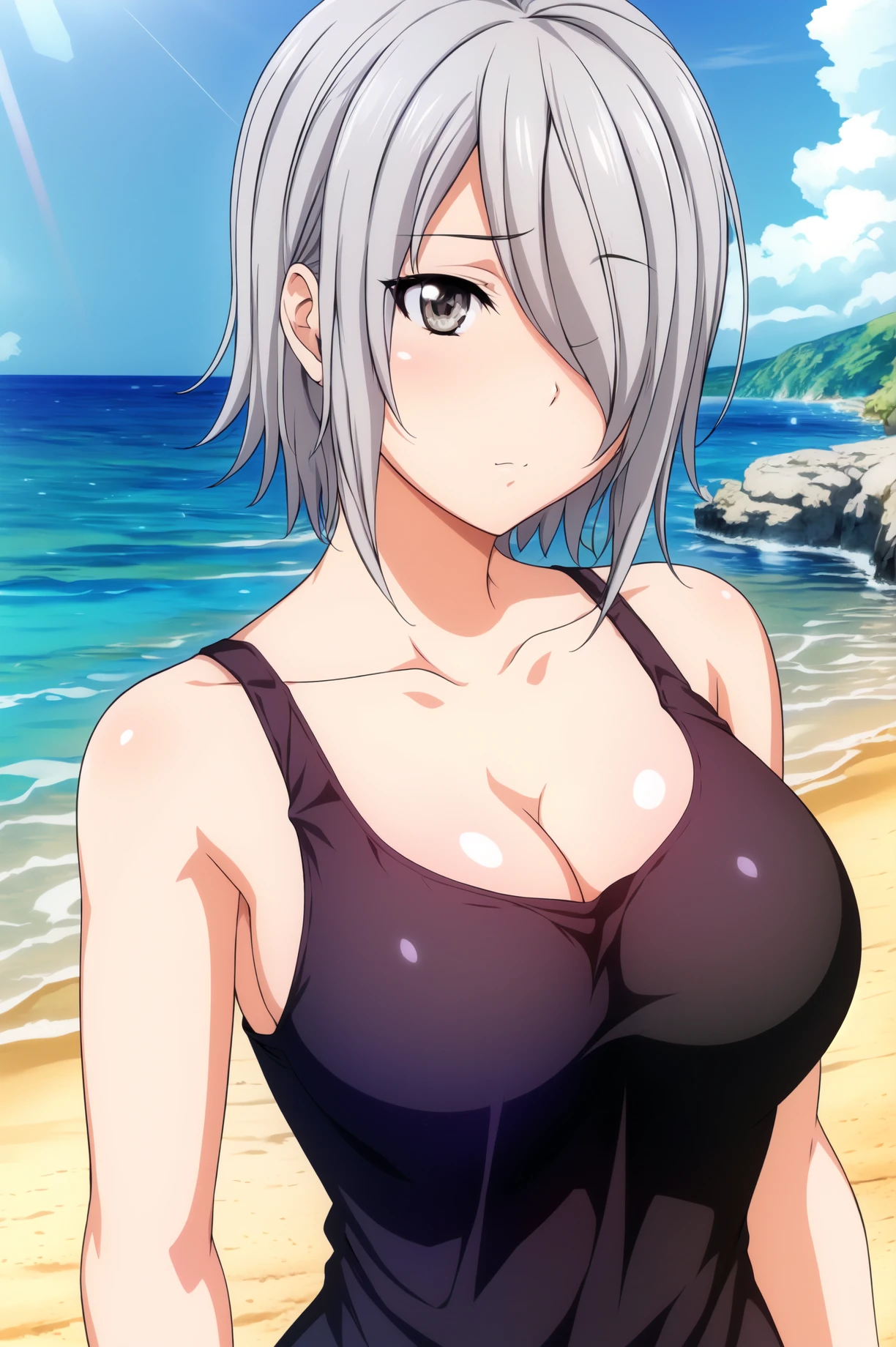 masterpiece, best quality, artist:fukuro_(maruaru00), 1girl, solo, adult, silver hair, messy hair, cat ears, black bra, large breasts, seductive smile, standing, grabbing her breasts, infront of viewer, beach on background