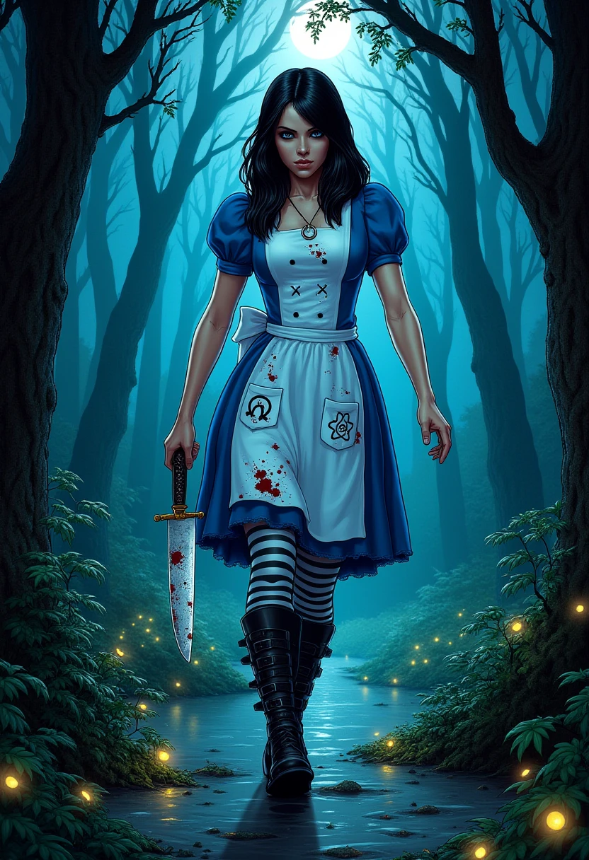 An epic comic illustration, vivid detail, defined lines, cell shading of madalice, she has black hair and blue eyes. She's wearing a blue dress with a white apron. The apron has magical symbols on the pocket, there are bloodstains on the apron. she wears a necklace with of an upside down horseshoe stripped stockings and knee high boots. in her hand is an ornate butcher knife. she is walking through a mystical forest, misty bog, fireflies flying around lighting up. it's night and moonbeams stream through the trees.