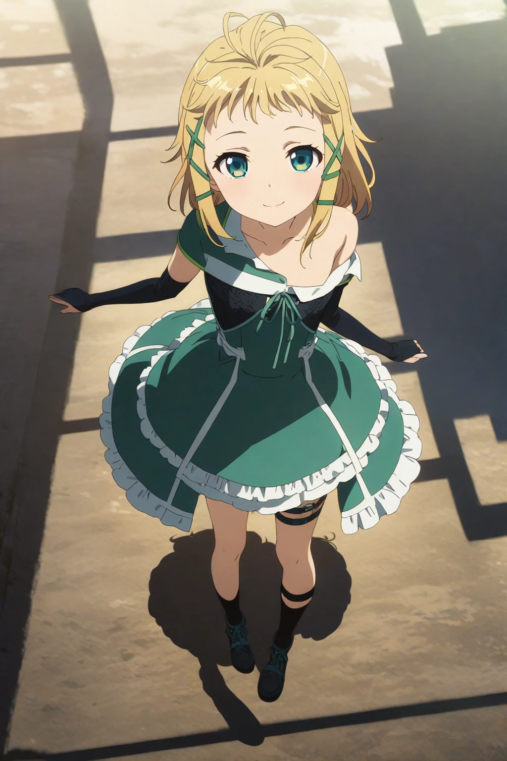 1girl solo, tina_sprout, blonde hair, green eyes, messy hair, criss cross hair ornament, flat chested, green dress, off shoulder, thigh strap, smile, closed lips, elbow gloves, anime coloring, full body, <lora:XL-TinaSprout:1>, (masterpiece),(best quality),(ultra-detailed),(best illustration),(best shadow),(absurdres),(detailed background),(very aesthetic),