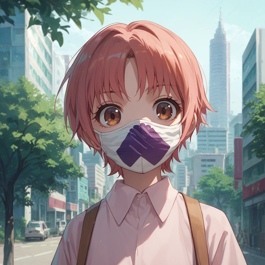 score_9, score_8_up, score_7_up, iizumi-rita, toaru, 1girl, solo, mask, short hair, looking at viewer, mouth mask, shirt, brown eyes, collared shirt, tree, brown hair, upper body, pink hair, city