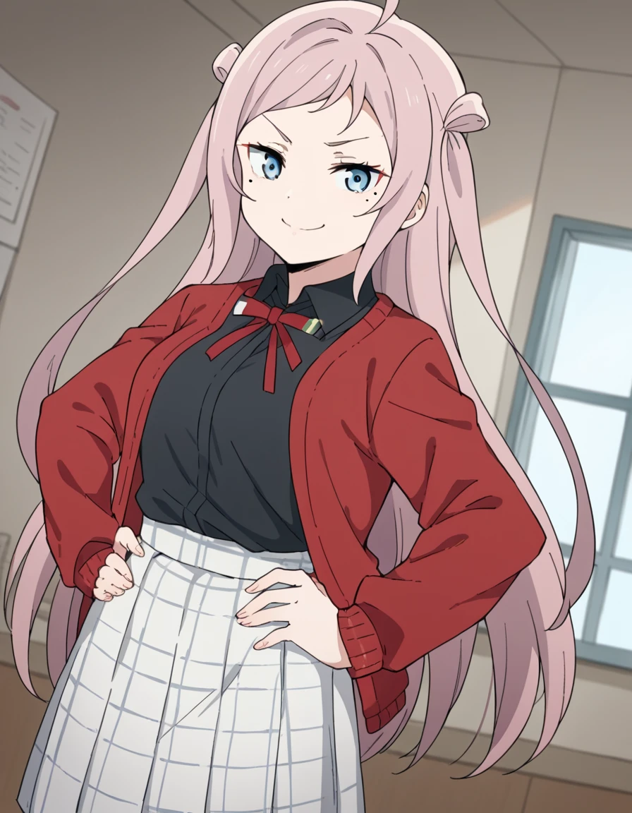 score_9, score_8_up, score_7_up, source_anime, <lora:lanzhu-zhong-s2-ponyxl-lora-nochekaiser:1>, lanzhu zhong, long hair, bangs, blue eyes, pink hair, ahoge, sidelocks, mole, two side up, mole under eye,, skirt, shirt, ribbon, school uniform, collared shirt, plaid, black shirt, neck ribbon, plaid skirt, white skirt, cardigan, red jacket, checkered skirt, nijigasaki academy school uniform,, indoors, smug, smile, looking at viewer, solo, hands on hips,, cowboy shot, dutch angle