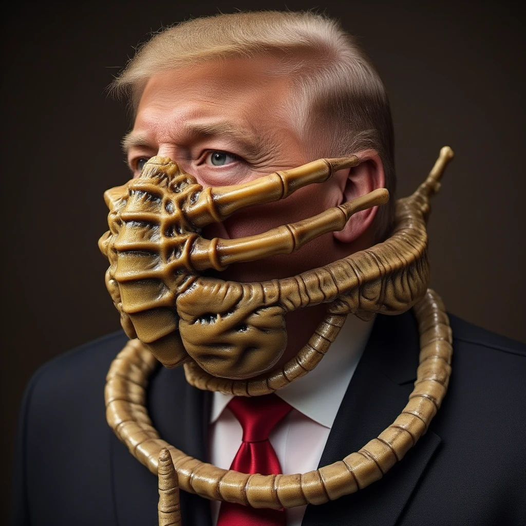 donald trump wears a facehugger with a scorpion tail as a mouthmask. the facehugger tail is wrapped around donald trump neck<lora:Facehugger:1.1>