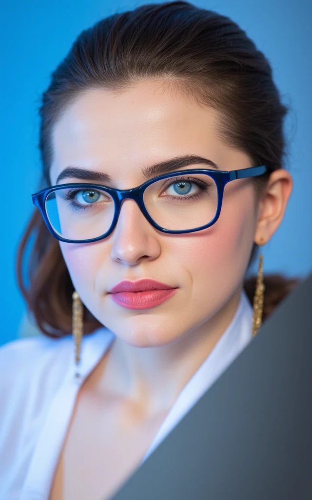 woman, looking at viewer, blue eyes, jewelry, earrings, glasses, blurry, eyelashes, makeup, blue background, portrait, lipstick, black-framed eyewear, blue theme, realistic