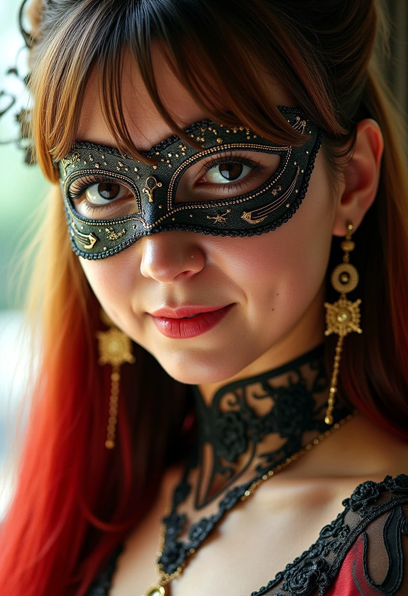 Kristina, close up on face, great lighting, intricate detail, stunning oriental female battle mage, long two-toned hair, bangs, blonde with red highlights, jewelled earrings, dark eye-make-up, red lips, mask and cape from a masquerade ball, sheer silk dress with clothing cutouts, lace, leather, jewelled masquerade mask, slight smile, direct gaze, side soft light, elegant, gorgeous, highly detailed,, breathtaking, face in sharp focus, detailed face, dutch angle High Detail, Perfect Composition, realistic watercolour photorealistic image, interesting lighting