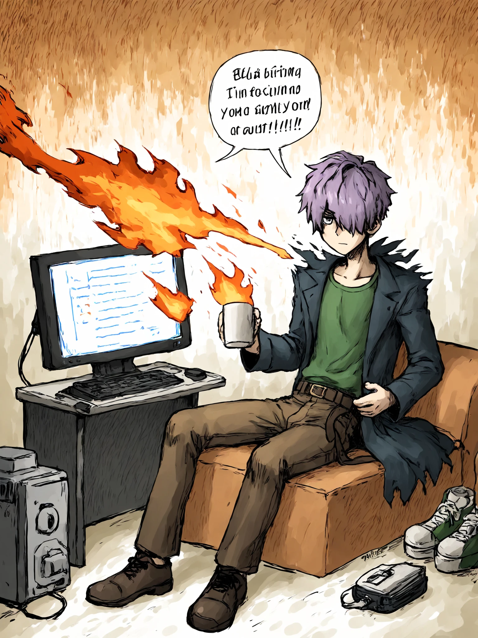 score_9, score_8_up, score_7_up, uncensored, ib,  
1boy, garry (ib), solo, purple hair, short hair, hair over one eye, green shirt, shoes, pants, belt, coat, brown pants, (((speech bubble))), speaking, holding_cup, coffee_mug, sitting_on_sofa, fire, ((computer, burning, burning_computer, server, servers on fire)), explosion, Big bang, looking_at_viewer, 