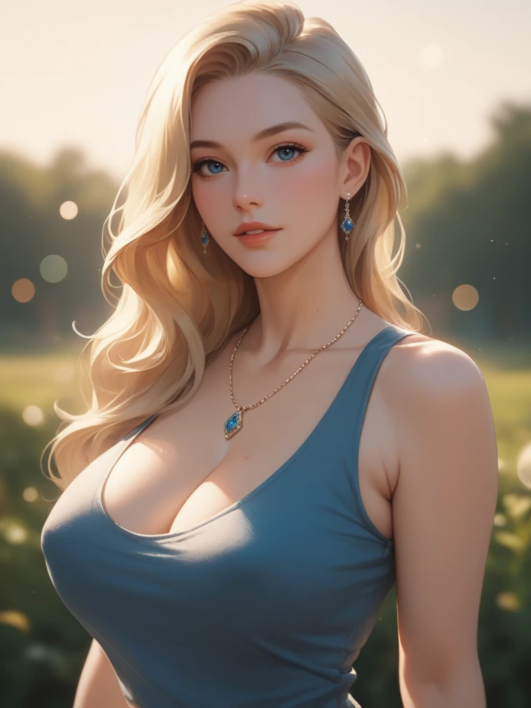 score_9,score_8_up,score_7_up,score_6_up, one pretty european girl, solo, blonde hair, long hair, blue eyes, parted lips, curvy, big tits, sagging breasts, cleavage, necklace, jewelry, tank top, (looking at viewer), bokeh, upper body, looking at viewer, film grain, cowboy shot, epiCPhoto,