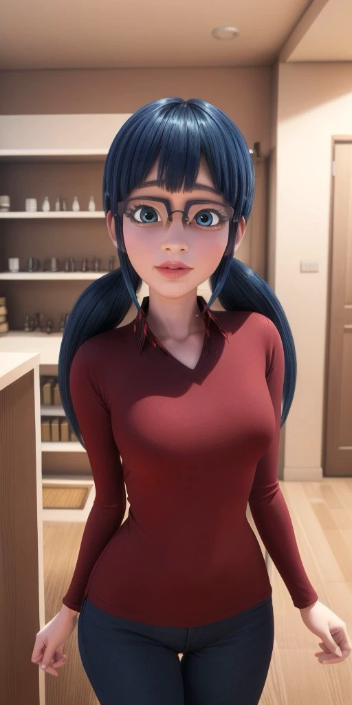 Hyperrealistic, photorealistic, super detailed, blue eyes, black square-shaped glasses, shoulder-length black hair with blue reflections tied back in ponytails, light pink lips, body like in real life, large pores, light skin-tone, slender, beautiful arms, little breasts, unreal engine, octane render, droped shadow, bokeh, cinematic lighting, <lora:add_detail:0.5>, <lora:Volumetric_lighting:0.6>, Socqueline Wang, <lora:2e3d8eda-f9e4-4a3e-a875-3900cd8f995c:0.7>