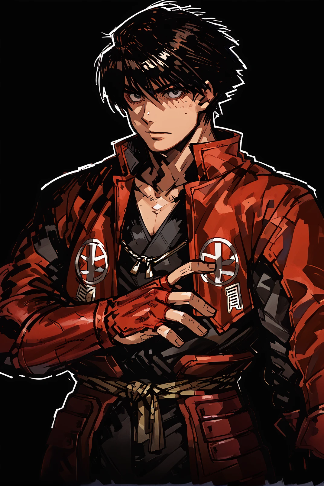 1boy, solo, shimazu_toyohisa_\(drifters)\,black hair, black shirt, red japanese armor, red japanese clothes, kusazuri, cowboy shot, black background, looking at viewer,  <lora:shimazu_toyohisa-000019:0.85>  <lora:DarkestDungeon-Style:1>, score_9, score_8_up, score_7_up, score_6_up