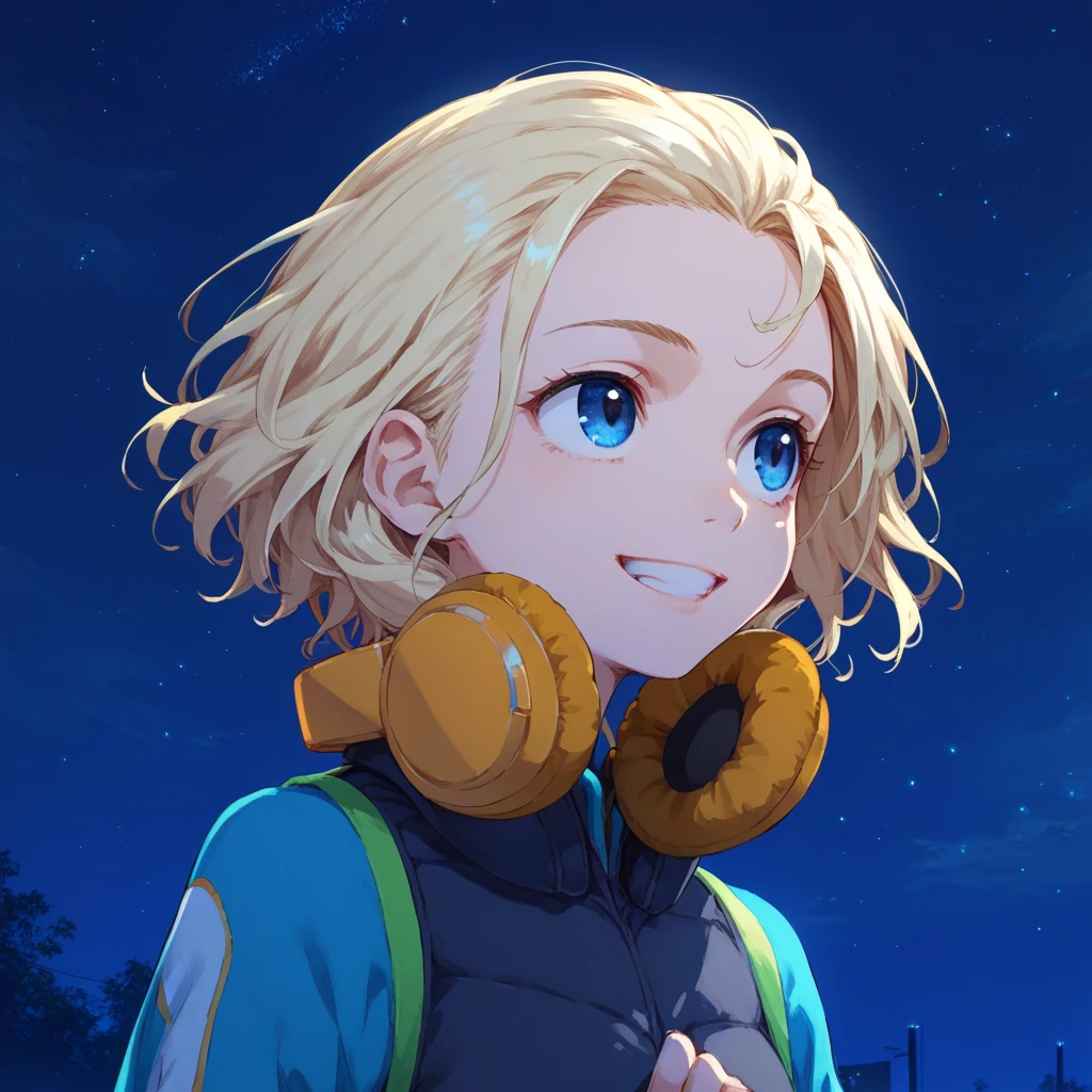 score_9, score_8_up, score_7_up, patricia birdway, toaru, 1girl, 1girl, solo, blue eyes, headphones around neck, headphones, smile, blonde hair, short hair, looking up, upper body, night, grin, sky