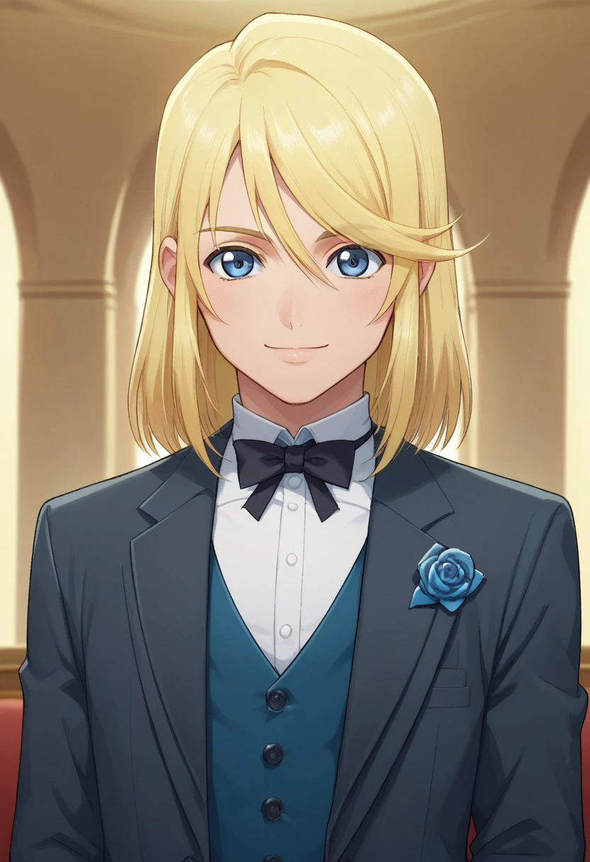 score_9, score_8_up, score_7_up, source_anime, highly detailed, 
mithos, blonde hair, solo, male focus, 1boy, blue eyes, smile, formal,
suit, androgynous, looking at viewer, ribbon,  neck ribbon, upper body, indoor,