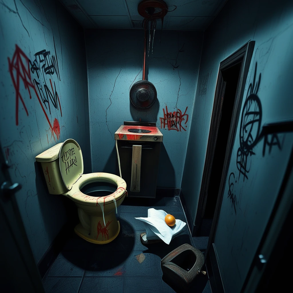 fruit, blood, bench, indoors, day, toilet paper, door, open door, steam, male focus, stove, shower head, crack, graffiti, cable, fish, black hair