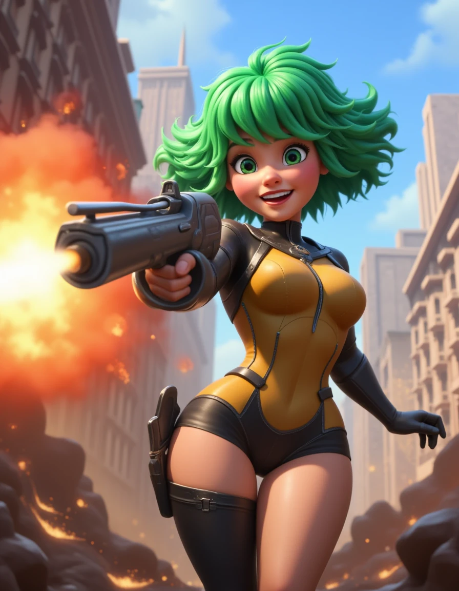 Cartoon girl shooting a giant gun, laser, explosion, green hair, floating hair, laughing, destroyed city, futuristic, DisneyStudio, u can se her hips, <lora:Disney-Studios-Flux-000008:0.6>