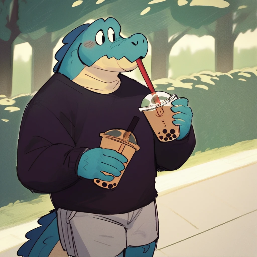 score_9_up, score_8_up, score_7_up, source_furry, Duncan, anthropomorphic crocodile, crocodile, dark teal color, dark teal body, bigger build, furry male, furry, 1boy, solo, black sweater, gray shorts, holding, bubble tea, in park, park