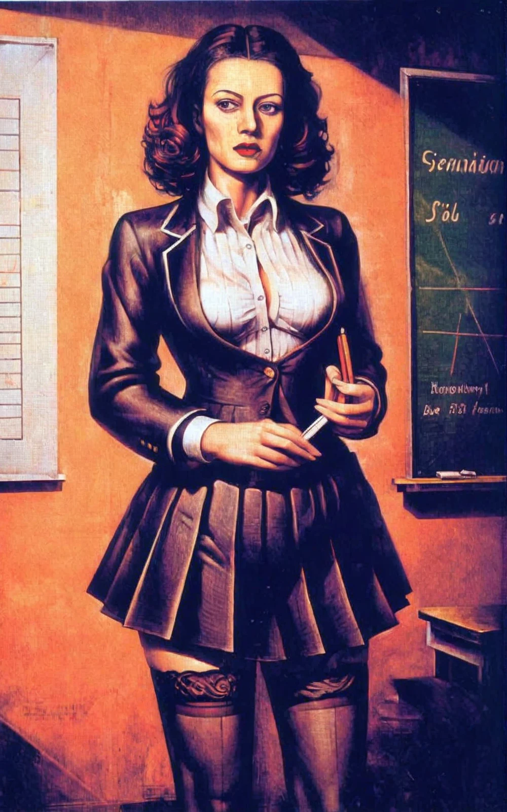 surrealism \(style\) <lora:david-alfaro-siqueiros_pony_v1:1> ' portrait of a teacher ' by Siqueiros David Alfaro in 1944, portrait \(genre\)
Standing before the blackboard, the new teacher at school commands attention. Her attire, a crisp unbuttoned satin blouse paired with a pleated skirt, is enhanced by the subtle allure of (sheer stockings), lending a hint of delicate femininity to her poised authoritative presence in the classroom. She reveals her perky protuberant femininity, displaying long narrow calves, (a slim waist), and her gently protuberant, sleek curves with a fragile yet commanding femininity., score_9, score_6_up, score_7_up