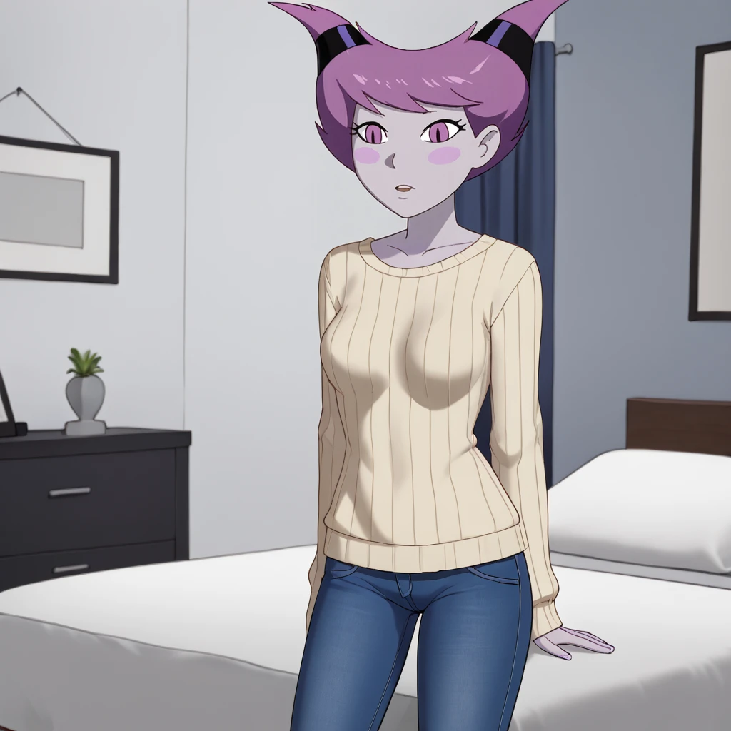 Solo girl, pale greenish skin, brown long length hairstyle, eyeballs reddish pink with black pupils, tired eyes, lovesick, small breasts,  tits, skinny body, wet pussy, lots of pussy juice coming out of her pussy, Standing, inside the living room, (100% satisfying), Masterpiece, High Quality 