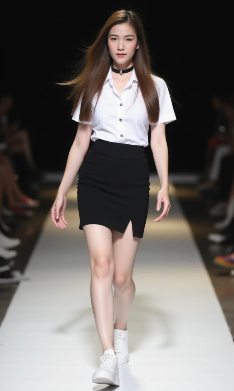 fullbody a girl long flow hair,large round breast long hair a woman wear nisit outfit black short tight pencil skirt a woman walking wearing a white shirt, white sneaker,black choker,walking in the fashion runway

