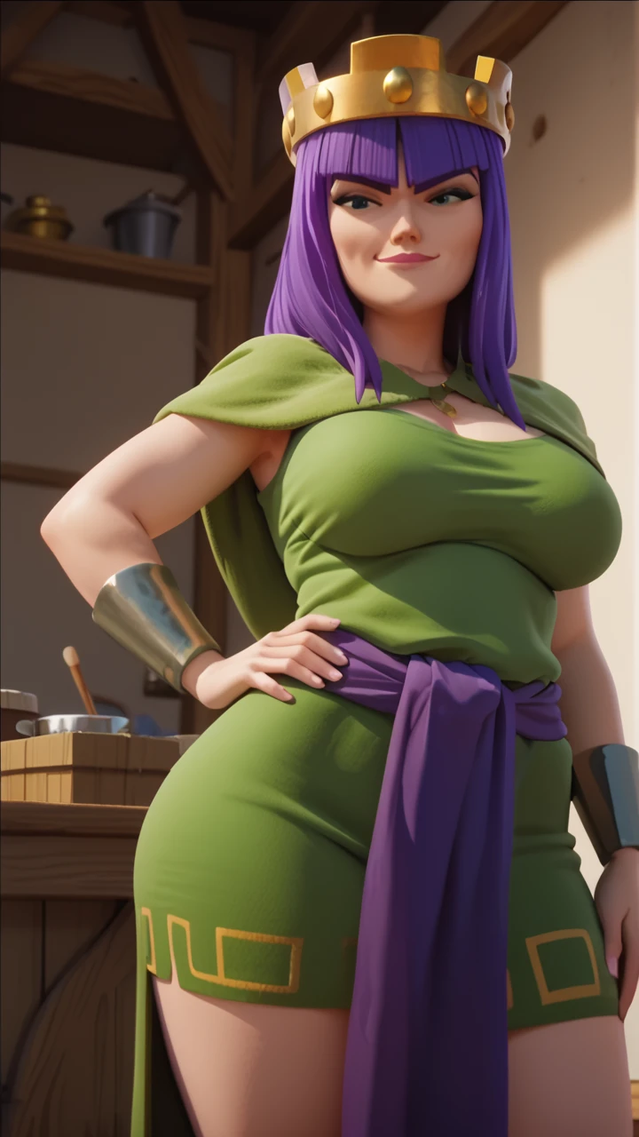 score_9_up, score_8_up, score_7_up, anime screencap, 1girl, archer_queen, purple hair, milf, large breasts, wide hips, hand on hip, smirk, looking_at_viewer<lora:EMS-461189-EMS:1.000000>