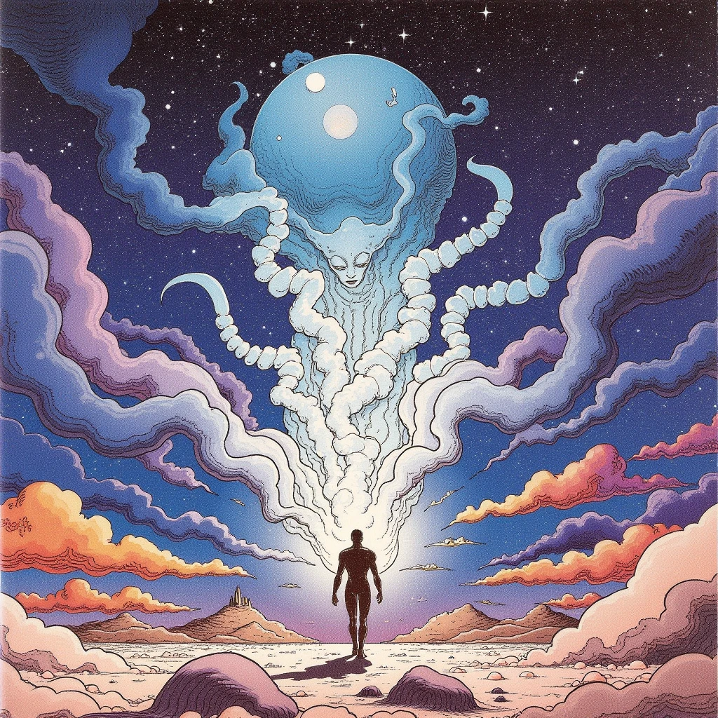 In style of Moebius. A celestial being floats through a cosmic landscape, surrounded by swirling galaxies and otherworldly creatures.