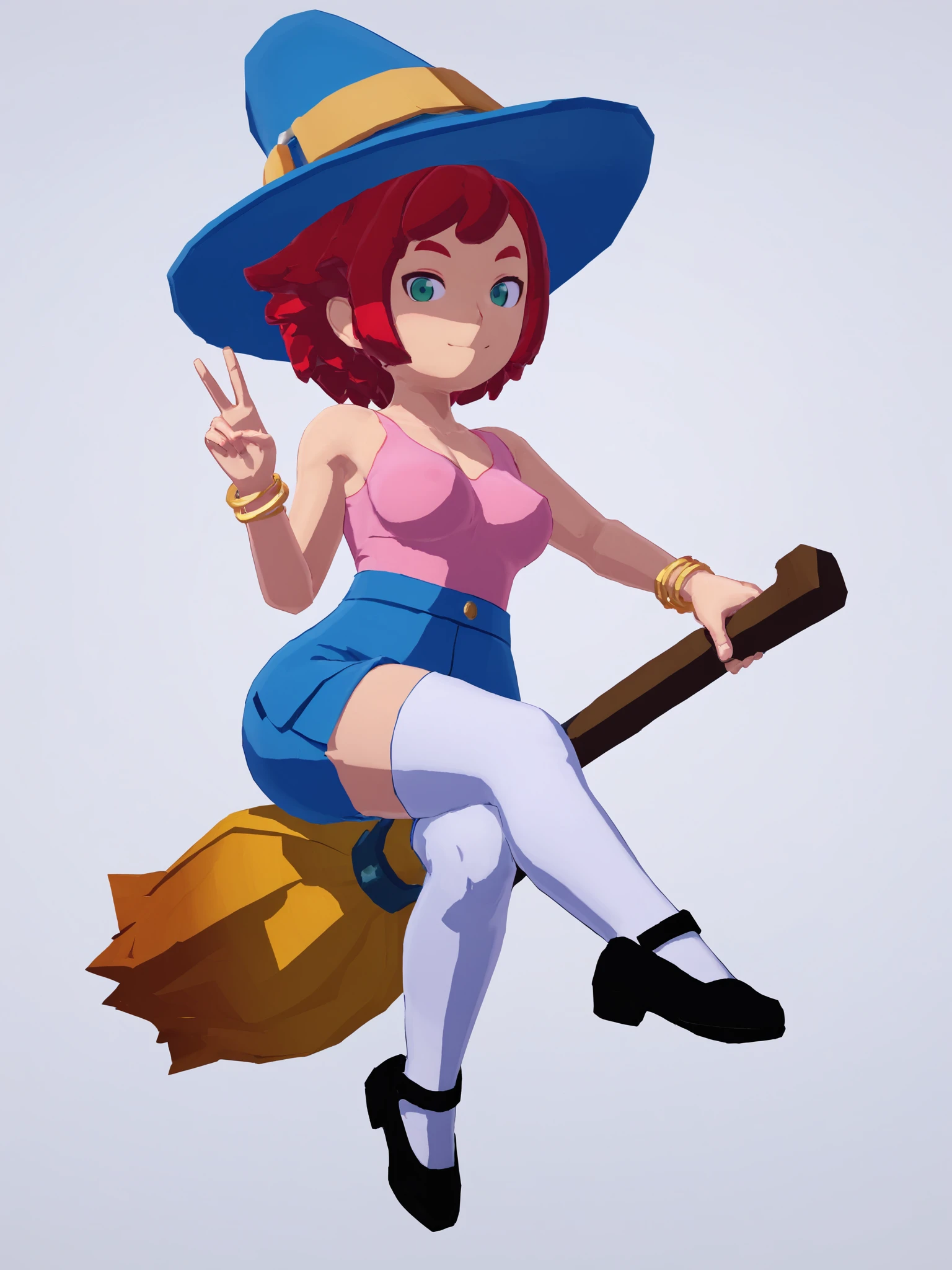 score_9, score_8_up, score_7_up, score_6_up, BREAK, white background, <lora:Mika_TheWitch_PDXLv0.1:0.7> mika, outfit1, 1girl, red hair, green eyes, pink shirt, blue shorts, gold bracelet, witch hat, white legwear, black shoes, v:1.2, crossed legs, broom, looking at viewer, 3d, medium breasts, aged up