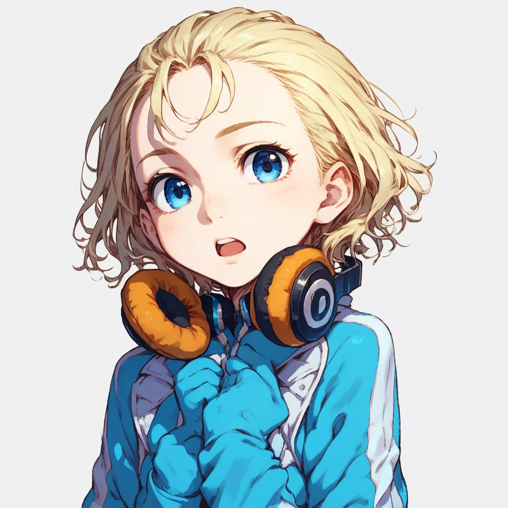 score_9, score_8_up, score_7_up, patricia birdway, toaru, 1girl, blue eyes, 1girl, headphones, headphones around neck, solo, blonde hair, short hair, open mouth, looking at viewer, upper body, jacket