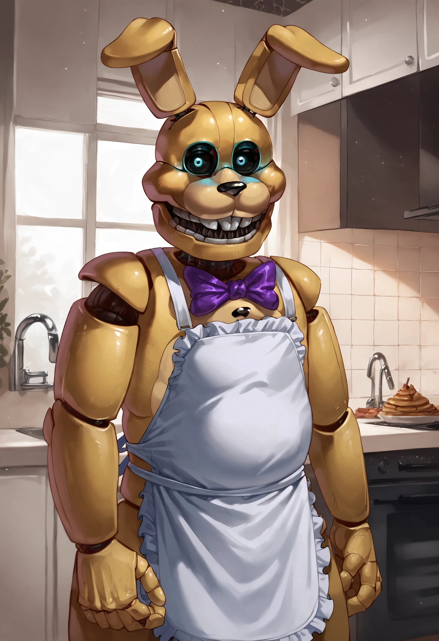 score_9, score_8_up, score_7_up, score_6_up, close-up, rabbit ears, smile, rabbit tail, animatronic, ((pitbonnie)), dad body, belly, (apron), puncakes, kitchen, blue eyes, glowing eyes, purple bow, looking at viewer, animatronic, black sclera, dad bod, bright background, light particles, BREAK detailed, gloss, hires, best quality <lora:Pit_Bonnie:0.92>