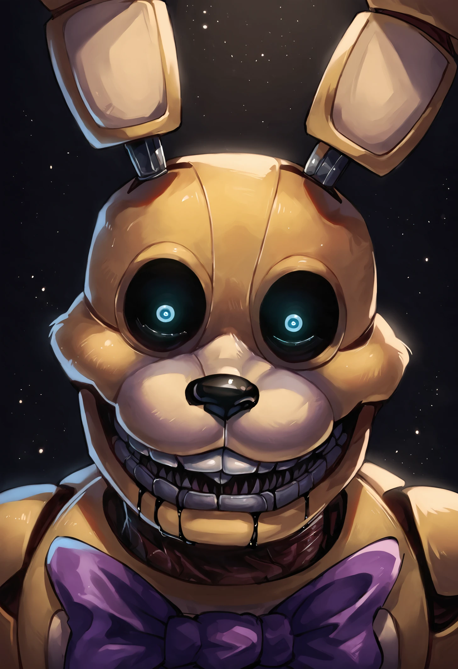 score_9, score_8_up, score_7_up, score_6_up, close-up, rabbit ears, horror (theme), (pitbonnie), blue eyes, glowing eyes, ink, purple bow, looking at viewer, animatronic, black sclera, dad bod, dark background, light particles, BREAK detailed, gloss, hires, best quality <lora:Pit_Bonnie:0.92>