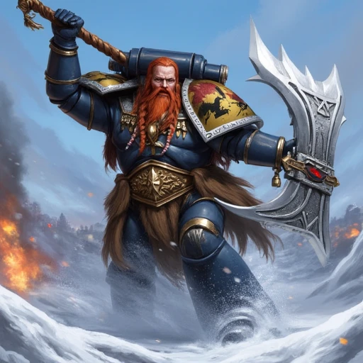 a space wolf marine swinging a hyge double_headed_axe over his head, red hair, beard, braids, dramatic action pose, battlefield, snow, ice, explosions, fire