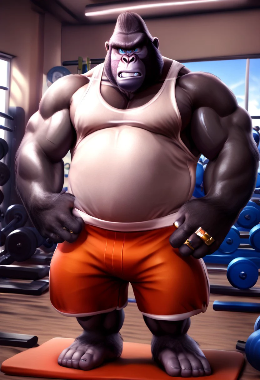 big daddy(sing), bara, mature male, muscular, pecs, quadriceps, obliques, triceps, musclegut, black fur, grey skin, blue eyes, gorilla, (pose:1.3), (posing:1.3), (soft shading), 4k, hi res, five fingers, detailed hands, ((detailed face, (detailed eyes:1.0), detailed)), (full body), solo, clenched teeth, angry, 1boy, jewelry, male focus, thighs, (full body),  gym, tank top, shorts, jewelry, ring, white tank top