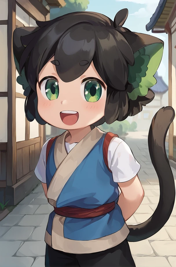 Solo, 1boy, male, xiaohei, cat boy, cat eats, cat tail, short hair, black hair, green eyes, cute face, perfect anatomy, detailed skin, detailed eyes, perfect eyes, perfect hands, perfect face, happy, BREAK shirt, short sleeves, black pants, BREAK arms behind back, japanese town, outdoors, colorful, looking at viewer, portrait, BREAK ((ultra-detailed)), ((best quality)), ((best quality)), ((beautiful eyes)), ((extremely detailed)), 4K, (8K), best quality, (beautiful), Master piece, highres, score_9, score_8_up, score_7_up, score_6_up, score_5_up, score_4_up, colorful, best quality, official art, highres, masterpiece, nai3, god light, detailed background, high quality background, <lora:add_details_xl:1> <lora:light_sharp_style_magin3.1:1>   <lora:Luo_XiaoHei_Legend_of_Hei_for_Pony:1>