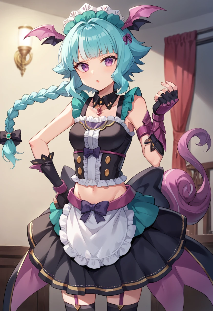 score_9,score_8_up,score_7_up,source_anime,masterpiece,best quality,game cg,1girl,solo,peipain_(show_by_rock!!),aqua hair,purple eyes,long hair,blunt bangs,multicolored hair,braid,single braid,head wings,tail,maid headdress,crop top,apron,detached collar,frills,skirt,garter straps,thighhighs,gloves,fingerless gloves,<lora:peipainSB69:0.9>,dynamic_angle,cowboy_shot,looking_at_viewer,bedroom,hand_on_own_hip,thinking,chestnut mouth,night,