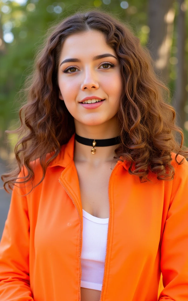 A woman is wearing an orange jacket. There is a black choker around her neck. The woman has long brown curly hair. There are trees behind the woman.
