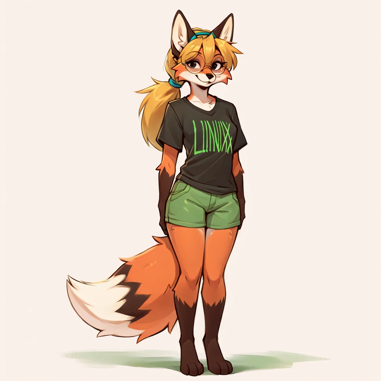 (best quality, high quality:1.1), masterpiece, solo, 1girl, furry, xenia_linux_fox, female, red fox, fox girl, tall, two-tone fur, dark yellow hair, long hair, ponytail hair, smile, clothes, black t-shirt, title, green title, green "LINUX" title on t-shirt, text on shirt, short sleeves,
black eyes, simple eyes, black glasses, round glasses, blue hairband, fox tail, white background, highres, absurdres, full body, 3 toes, standing,  <lora:fluffyrock-quality-tags-v4:1>,  <lora:Xenia_Lunix_Fox_LoRA_v1.0:0.6>