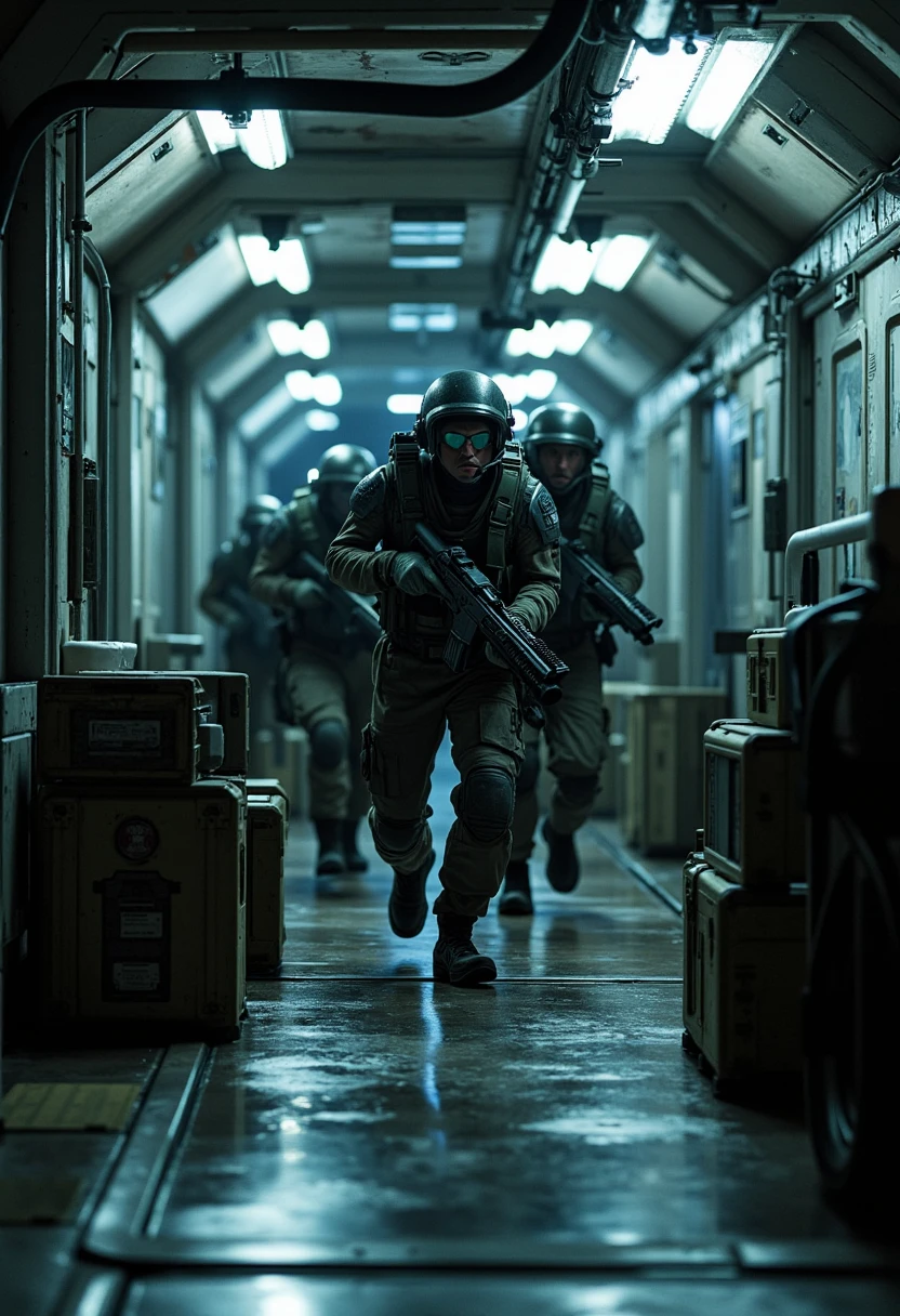 Set against the cold, sterile corridors of a space station, a squad of US Colonial Marines mounts a desperate defense against an unseen threat, brought to life in stark photorealism. The metallic surfaces of the station’s walls and floors reflect the harsh, artificial lighting, creating a sharp contrast with the dark, shadowy figures of the Marines as they take cover behind crates and bulkheads. The focus is on the intense concentration on their faces, partially obscured by the visors of their helmets, as they communicate via headsets, coordinating their defense. The photorealistic style emphasizes the high-tech environment, with every panel, conduit, and piece of equipment rendered in meticulous detail, from the worn edges of the crates to the intricate designs of the Marines' pulse rifles. The scene captures the sterile, oppressive atmosphere of the space station, where every sound—footsteps, the hum of machinery, the distant echoes of gunfire—adds to the growing tension. The image conveys the stark contrast between the lifeless, artificial surroundings and the intense, life-or-death struggle unfolding within them.