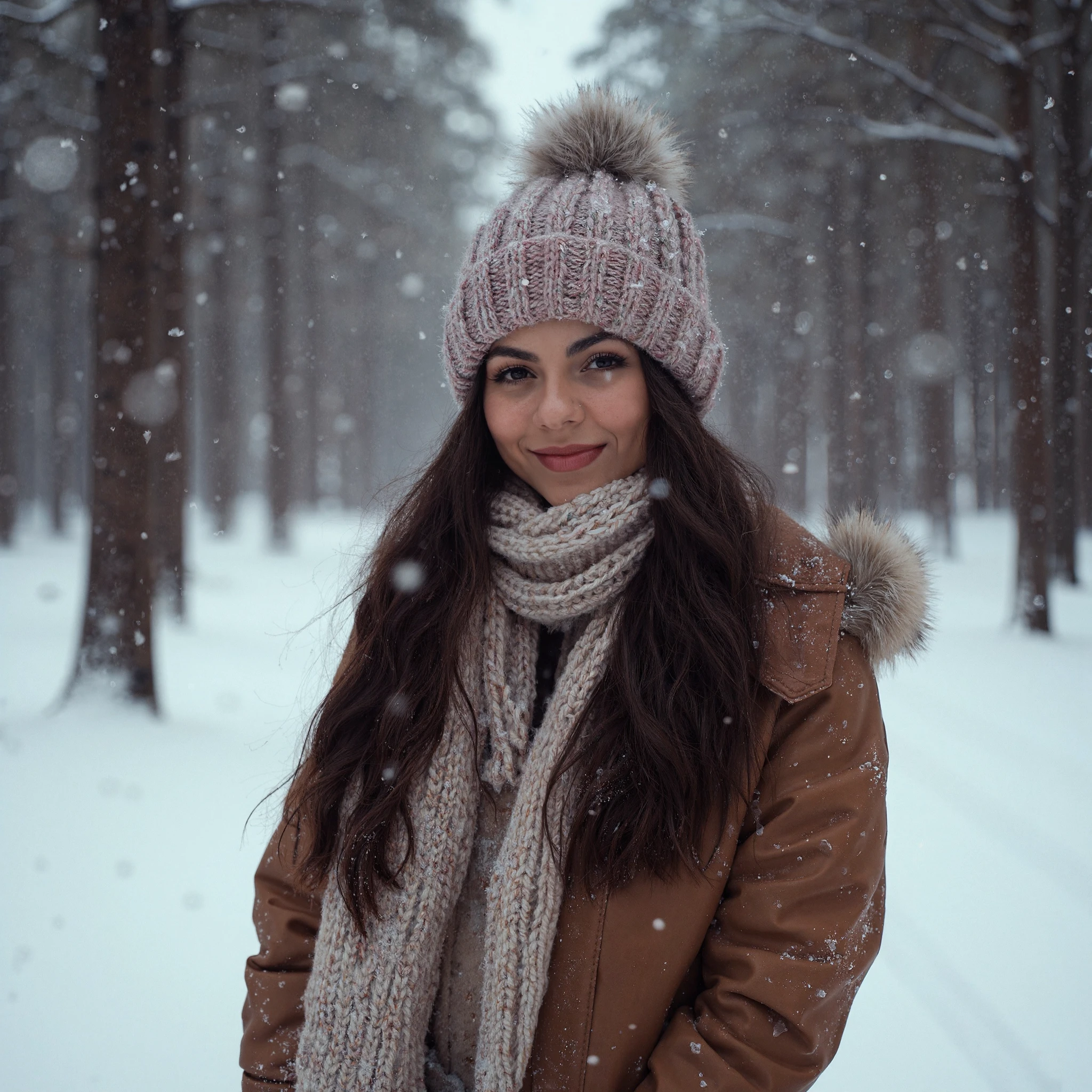 serene portrait of Victoria Justice, standing amidst a wintry forest during a heavy snowfall. The scene captures the quiet beauty of winter, with large snowflakes gently falling around her, covering the ground and the trees in a thick, soft blanket of snow.

Victoria is dressed warmly for the cold weather, wearing a cozy bobble hat that fits snugly over her long, dark hair. The hat is knitted and features a fluffy pom-pom on top, adding a touch of charm to her winter attire. A thick, woolen scarf is wrapped around her neck, its soft material providing warmth and comfort against the chill. The scarf's color contrasts nicely with the snowy environment, standing out in the otherwise muted color palette of the scene.

Her expression is peaceful and content, Her cheeks are slightly flushed from the cold, adding a natural warmth to her complexion. The snowflakes catch in her hair and on her clothing, glistening softly in the diffused light.

The background is a picturesque winter forest, with tall trees towering above, their branches heavy with fresh snow. The snowfall is steady and thick, creating a dreamy, almost magical atmosphere as the snowflakes swirl gently through the air. The ground is completely covered in snow, and the footprints she has made are just barely visible, adding to the sense of stillness and quiet in the scene.

The lighting is soft and natural, typical of a snowy day, with the overcast sky casting a gentle, even light that enhances the serene mood of the portrait. The overall color palette is dominated by cool whites and soft greys, with the bright colors of her bobble hat and scarf providing a subtle yet vibrant contrast.

The overall mood of the portrait is peaceful and serene, capturing Victoria Justice in a moment of quiet reflection amidst the beauty of a wintery forest. The combination of her warm winter attire, the heavy snowfall, and the tranquil forest setting creates a calm and picturesque image that evokes the crisp, refreshing feel of a snowy day