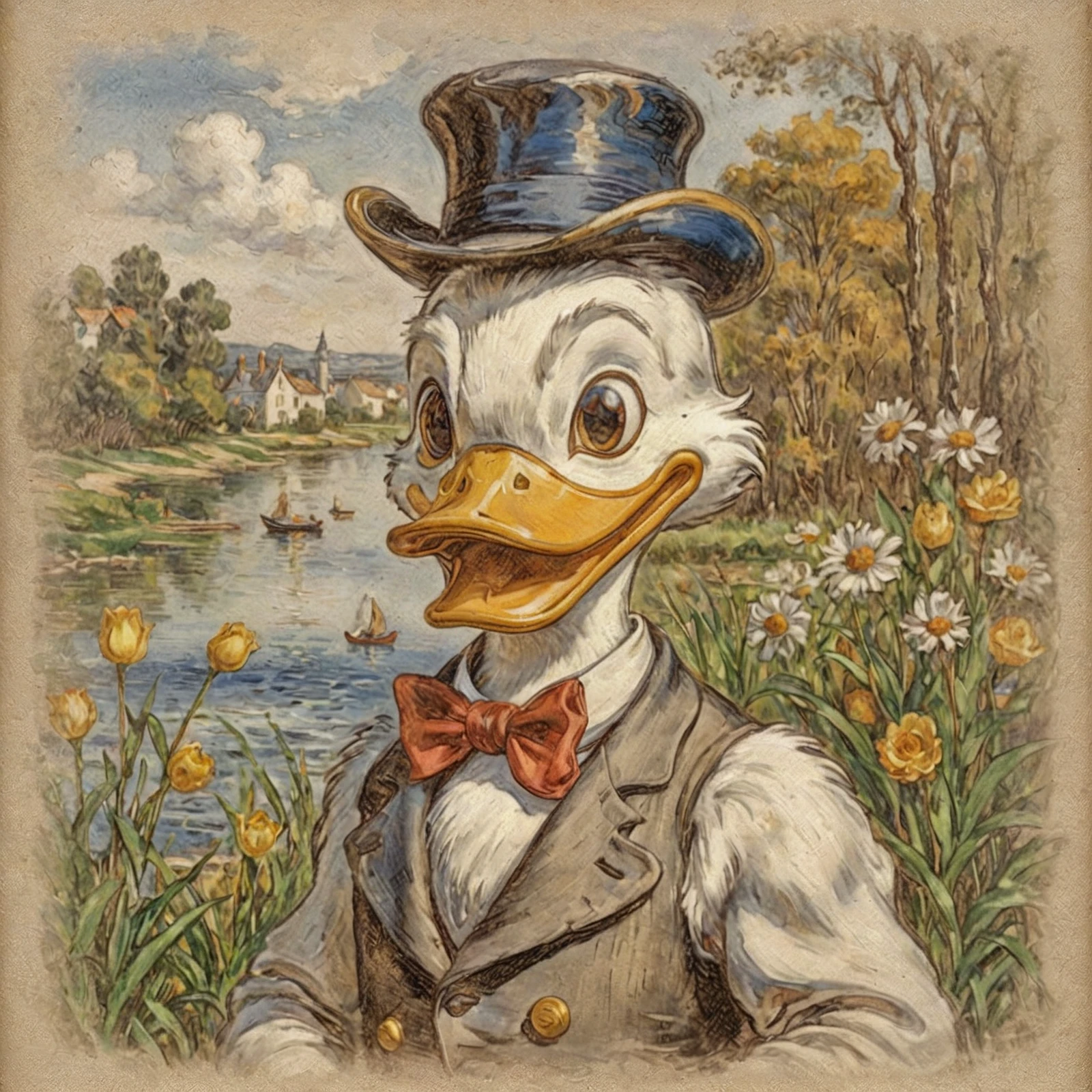 Oil painting. Donald duck.
(In the style of Pierre-Auguste Renoir). 1880s style.
<lora:VintageDrawing01-00_CE_SDXL_128OT:0.6>
