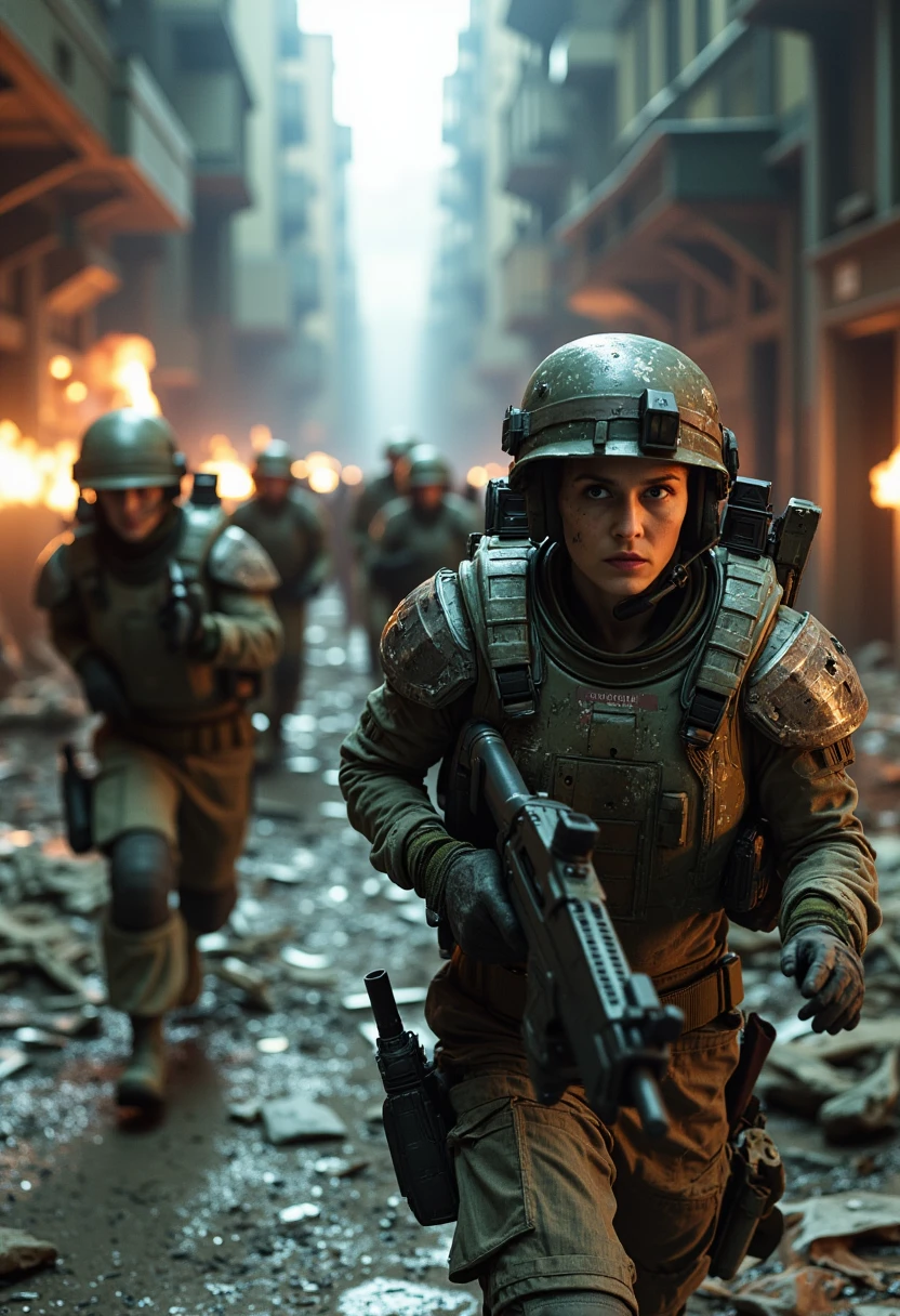 In the heart of a war-torn city, US Colonial Marines engage in intense urban combat, captured in vivid photorealistic clarity. The scene is chaotic, with debris and fire littering the streets as the Marines move through the shattered remains of buildings. The gritty realism is highlighted by the textures of crumbling concrete, shattered glass, and the scorch marks from explosions that mar the landscape. The Marines' armor, scratched and battle-worn, gleams under the harsh lighting of street lamps and muzzle flashes, while their faces, tense and determined, are visible through the visors of their helmets. The image captures the dynamic movement of the squad as they advance under heavy fire, with one Marine pausing to launch a grenade into a distant enemy position. The smoke, fire, and shadows play a crucial role in conveying the intensity and danger of the urban battlefield, with every detail designed to immerse the viewer in the thick of the action.