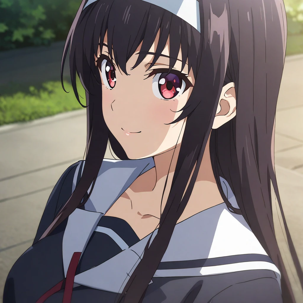 1girl, solo, kasumigaoka utaha, black hair, hairband, red eyes, long eyes, breasts, smile, portrait, very close-up, school uniform, toyogasaki uniform, anime coloring<lora:XL-KasumigaokaUtahav1:1>, (masterpiece),(best quality),(ultra-detailed),(best illustration),(best shadow),(absurdres),(detailed background),(very aesthetic),