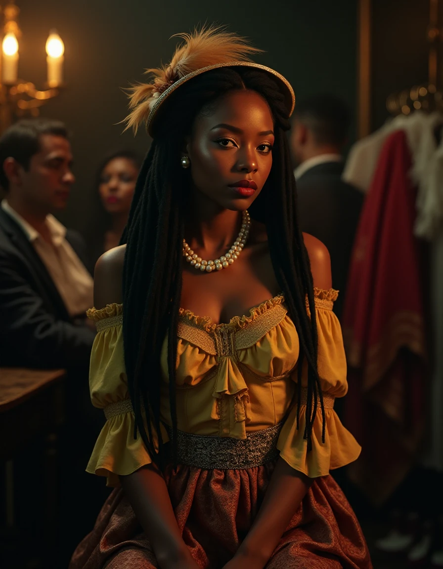 Very sensual woman,<(enticing harlot) young woman, south african, dark skin, black eyes, tiny build, extra long dark dreadlocks hair, wearing a gold ruffled shirt, brocade skirt, fishnet stockings, brocade mules, pearl necklace, subtle blush,beauty mark,red lips, feathered hat,ornate hairpin, set in the 18th century, in backstage at the theater, actors and actresses preparing, costumes hanging, makeup being applied, during twilight>,dramatic lighting, hyper-realistic, detailed shading, cinematic, 4k resolution, a masterpiece, <lora:Pure Woman_epoch_1:1>