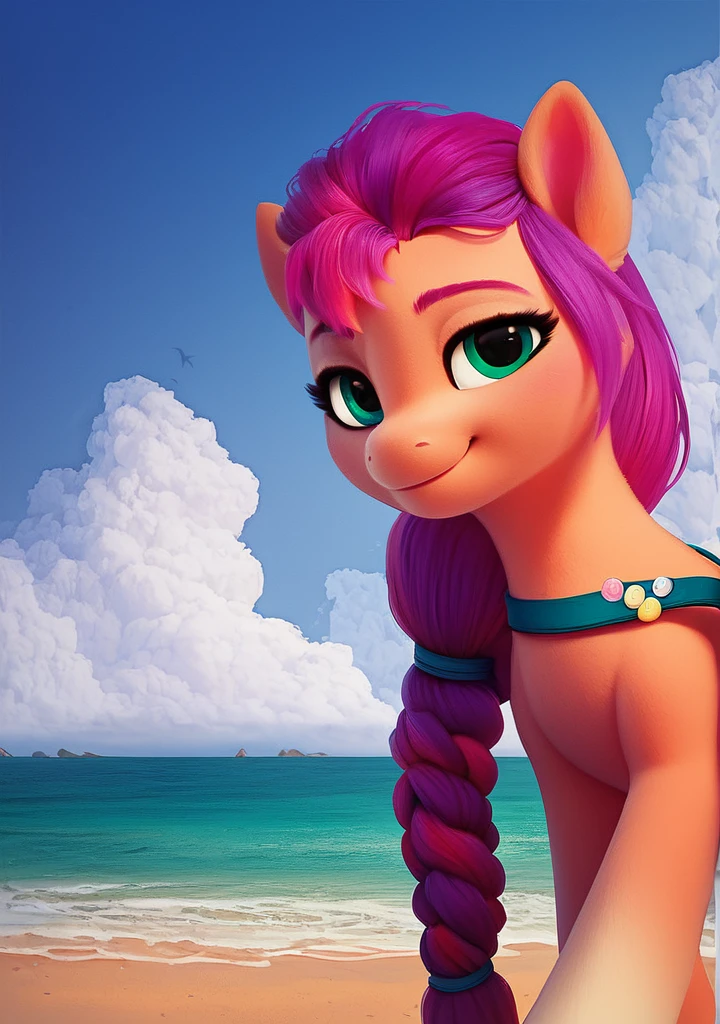 score_9, score_8_up, score_7_up, my little pony, solo, pony, 1girl, Sunny Starscout, lidded eyes, wide hips, standing up, beach, ear tufts, long eyelashes, outdoors, best quality, high detailed, sharp lines, shaded