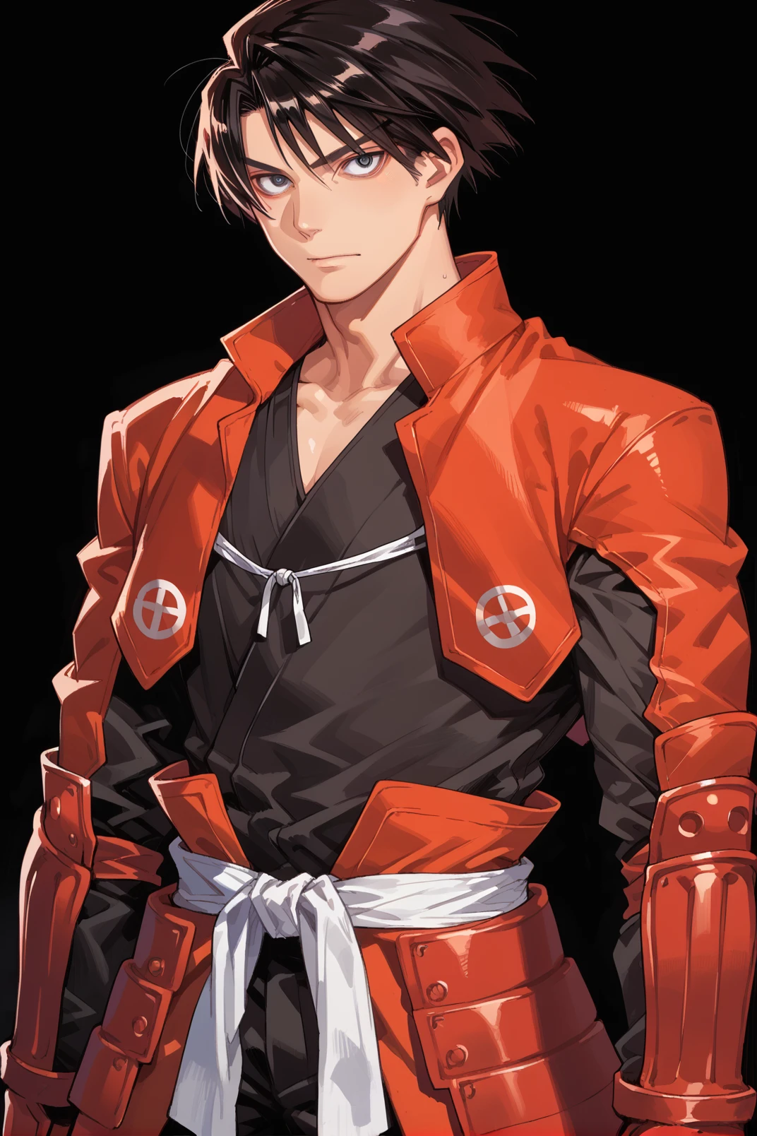 1boy, solo, shimazu_toyohisa_\(drifters)\,black hair, black shirt, red japanese armor, red japanese clothes, kusazuri, cowboy shot, black background, looking at viewer,  <lora:shimazu_toyohisa-000019:0.85>, score_9, score_8_up, score_7_up, score_6_up