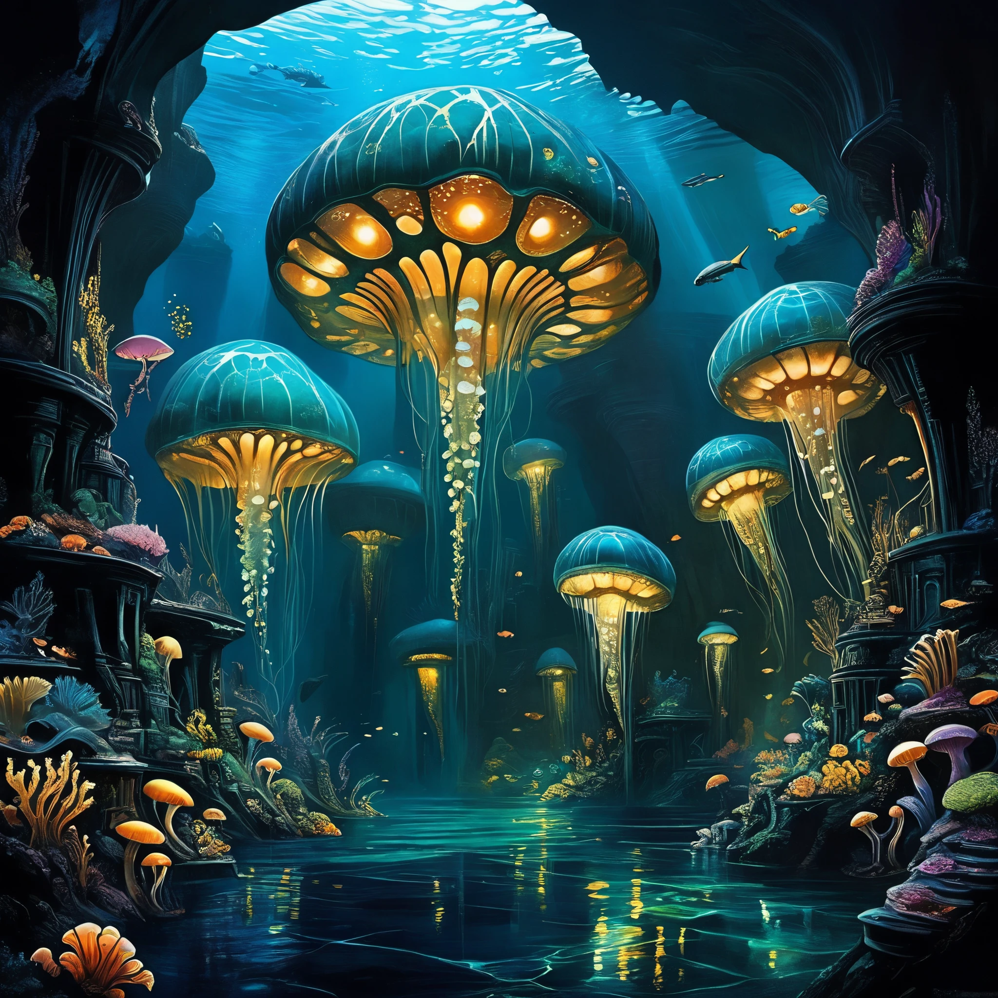 FRESHIDEAS Underwater Palace,Deep Abyss Palace: Located in the darkest depths of the ocean, this palace is carved into the side of a massive underwater canyon. It is illuminated by glowing fungi and inhabited by creatures that have adapted to the extreme pressure and darkness, adding an eerie yet awe-inspiring feel to the environment