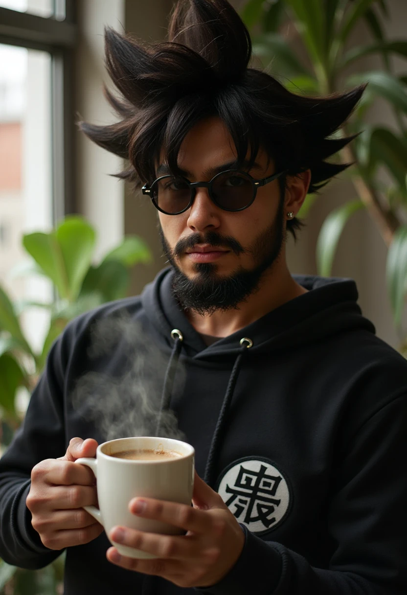 Subject: Goku. With a full beard, short clothing: tiny circular black shades, black band hoodie with the Deathmetal text "Flux", Hypebeast drip, one earring. Shot: Frontal head shot, close up portrait, action: Holding a coffee while watering his house plants in the morning, rays of light through the blinds catch the coffee vapor. Style: Cool and mysterious. <lora:Characters - Goku (goku):1>,goku