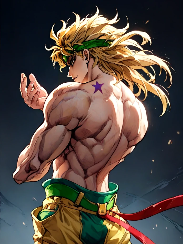 ((black background)), close-up, dio_brando's_pose_\(jojo\), birthmark \(joestar\), ear birthmark, looking at viewer, jojo pose, stepped on staris, night, wind, indoors, vampire, off shoulder, blonde hair, headband, green belt, yellow pants, topless male, muscular male, narrow waist, evil smile, bare back. shaded face, looking back, full body, <lora:dioandhisstarbirthmark_pony:1>